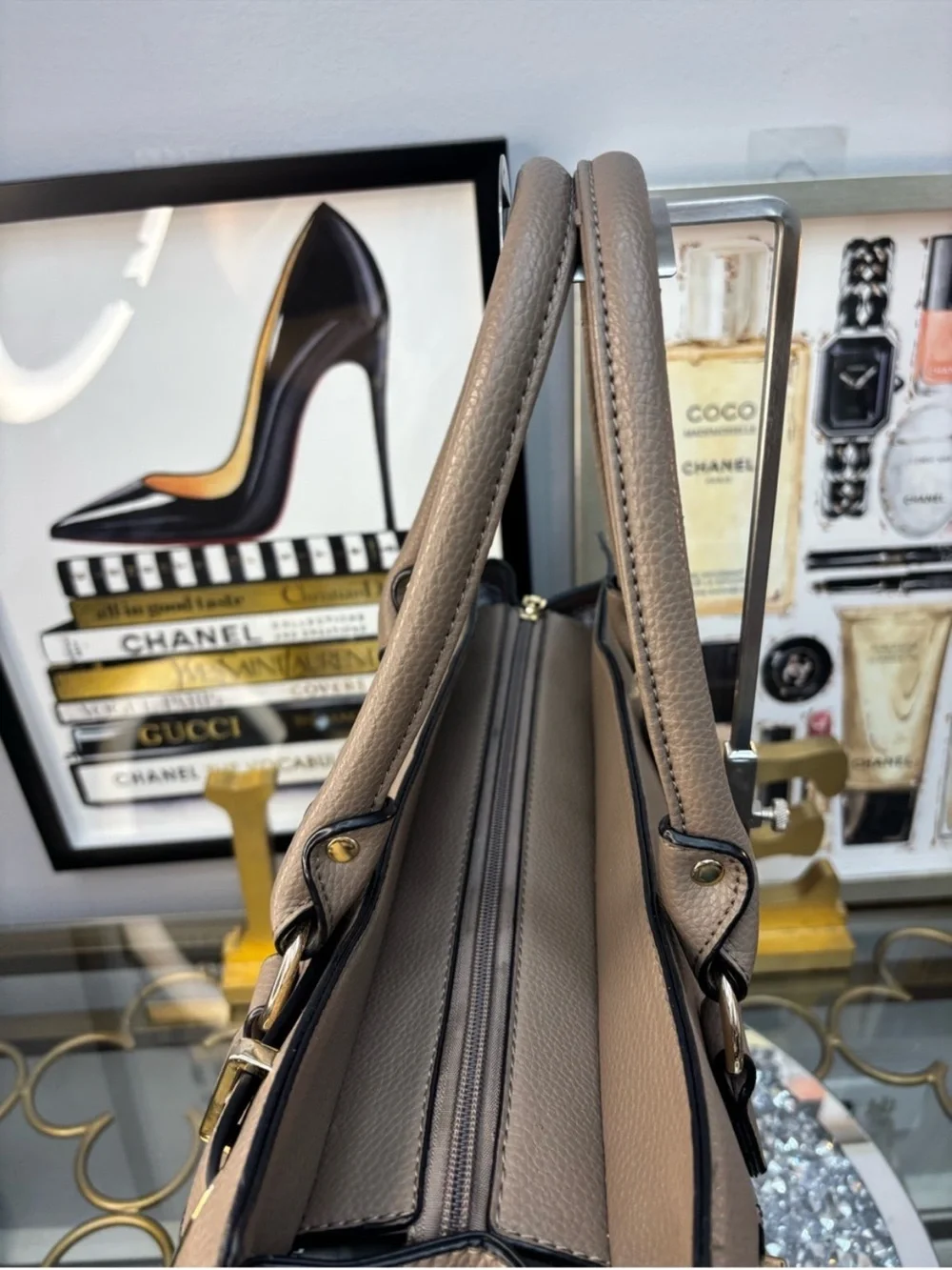 Structured Taupe Satchel with Gold Lock Detail